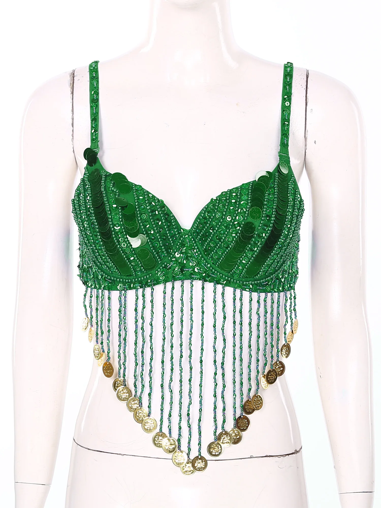 Womens Belly Dance Performance Costume Adjustable Straps Shiny Sequins Plastic Beaded Tassels Underwired Bellywood Bra Tops Vest