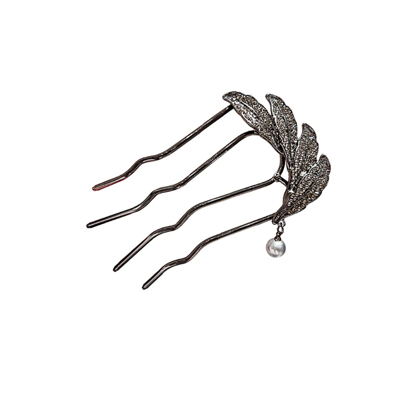 Chinese Antique Style Rhinestone Leaf U-shaped Hair Comb With Pearl Tassel High-end Daily Metal Hairpins for Women