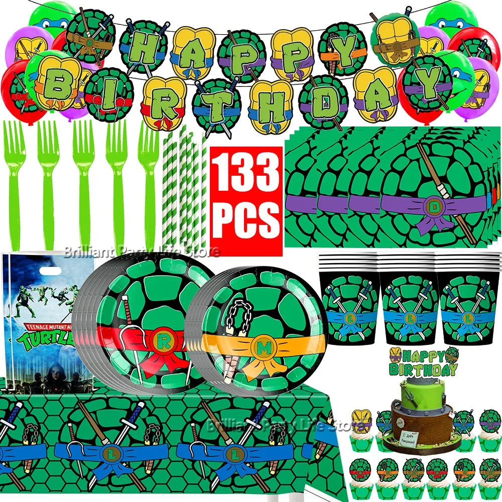 Kit Green Turtle Cartoon Animal Paper Tableware Birthday Party Decoration Baby Shower Supplies Turtle Hero Foil Balloons Kit