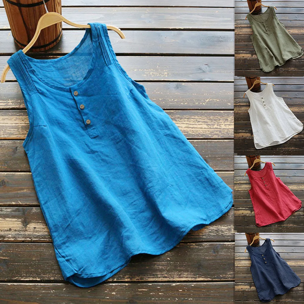 Women Summer Loose Casual Tank Shirt Plus Size Sleeveless O-Neck Cotton Linen Vest Beach vacation Vintage Solid Vest Blusas