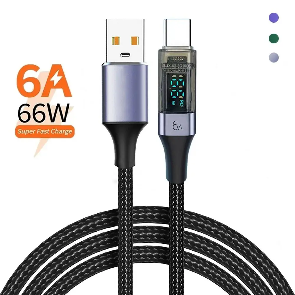 6A USB C Cable PD 66W Digital Display A to C Data Cord 0.5M/1M/2M Quick Charge Type-C Charging Line for Mobile Phone Laptop