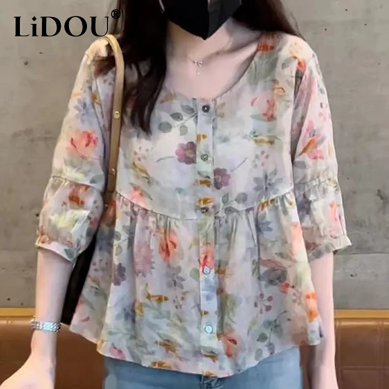 2023 Summer New Vintage Floral Printing Shirt Women Round Neck Three Quarter Ruffles Cardigan Female Fashion Loose Casual Tops