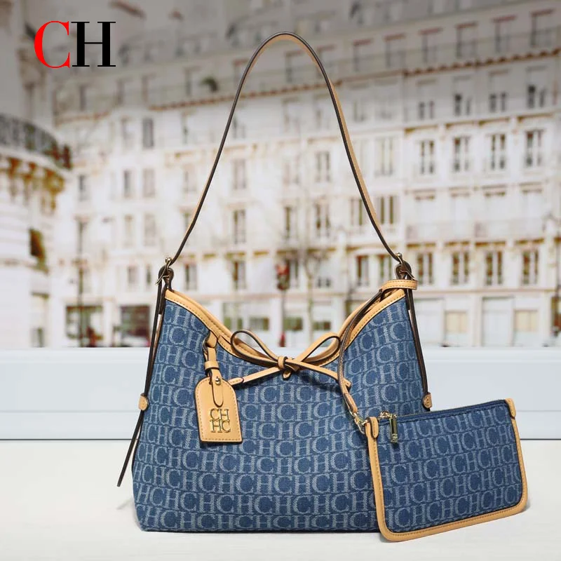CH Denim Shoulder Bag Women Vintage Cowboy Tote Handbags 2Pcs Set Large Capacity Crossbody Bag Underarm Bag With Small Purse