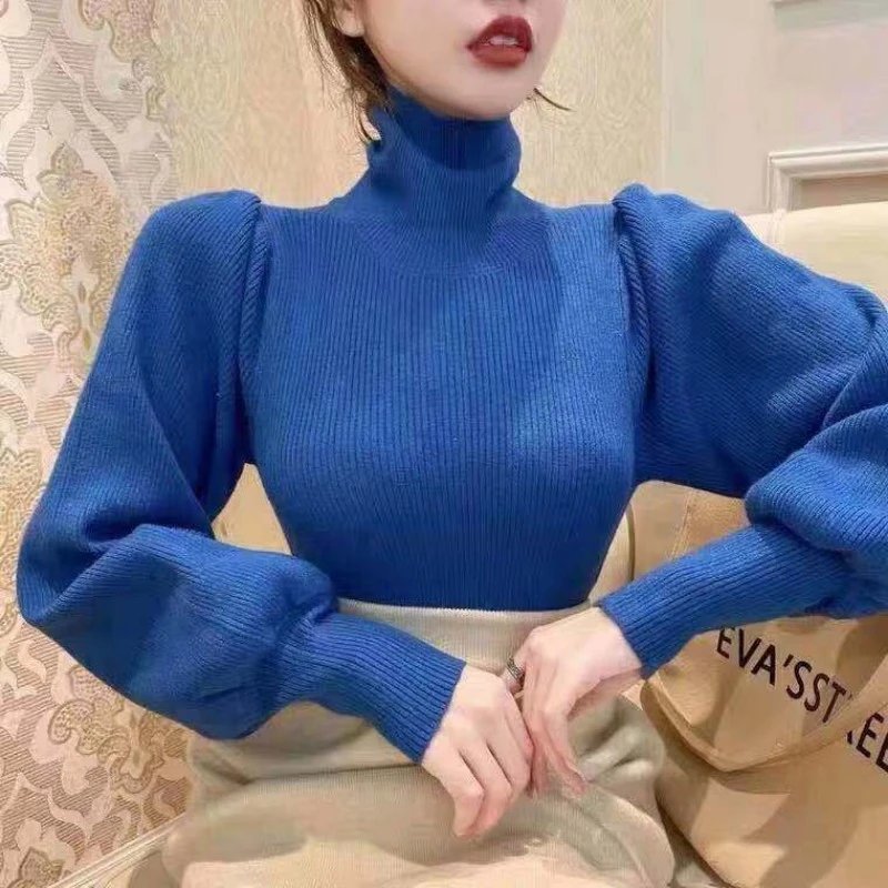 Women\'s Knit Sweater Puff Sleeves Turtleneck Ladies Pullovers Black Wear To Work Original Casual Trend Smooth Hot Sale Winter