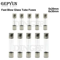 10PC 5*20mm 6*30mm Fast Blow Glass Tube Fuses 5x20mm 6x30mm 250V 0.5A 1A 2A 3A 4A 5A 6A 8A 10A 15A 20A 25A 30A 0.75A AMP Fuse