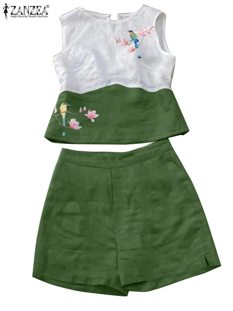 Zanzea Vintage Frauen kurze Sets 2 Stück Mode Blumen Strand hose Anzüge ärmellose Patchwork Tops lässig Urlaub Trainings anzug Outfits