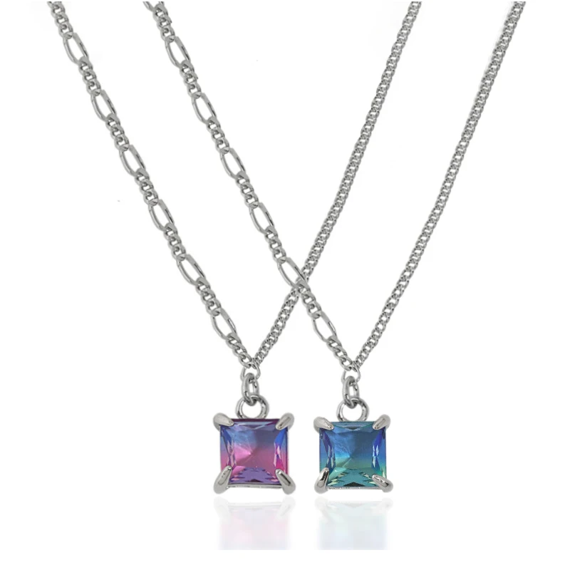 

Asymmetry Necklace Authentic 925 Sterling silver 4-Prong Square Gems Green blue Stone Pendant choker necklace clavicle