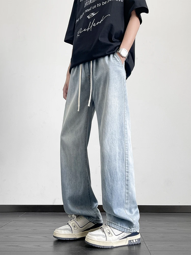 

Summer Men's Jeans Korean Fashion Lightweight Lyocell Cotton Straight Denim Pants Loose Fit Wide Leg Jeans Trousers