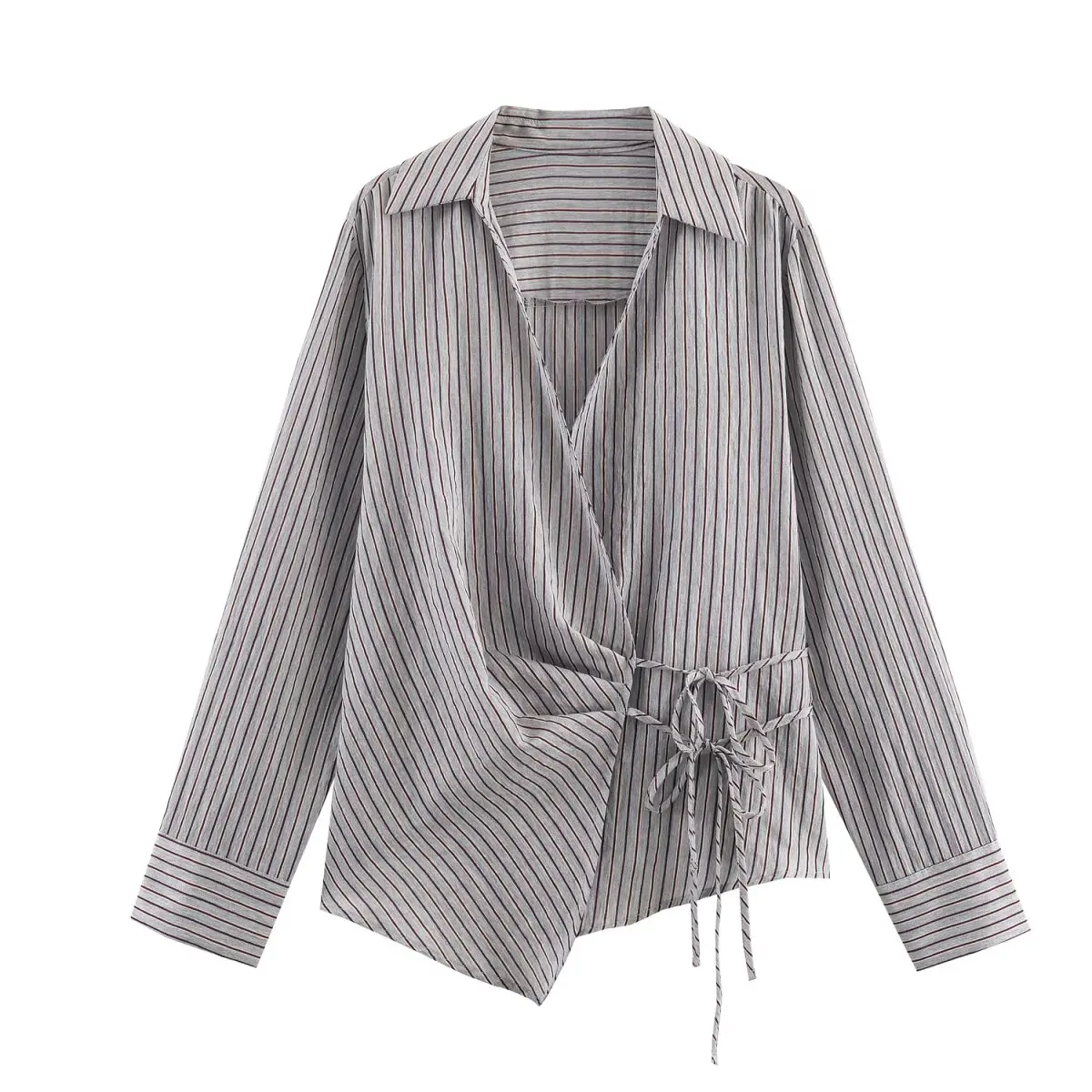 

2025 New Women's Clothing: European and American Style Fashionable and Elegant Double-Lapel Striped Bow Tie Shirt