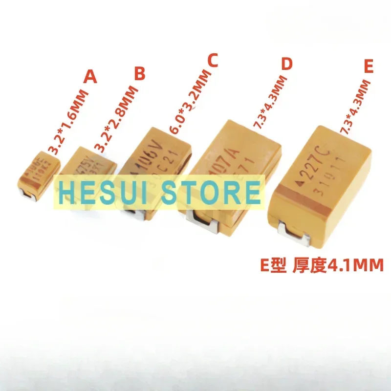 10-50V A B C D E Tantalum Capacitor 0.1uF 0.47uF 1uF 2.2u 3.3u 4.7uF 10uF 22u 33u 47uF 68uF 100uF 220uF 330uF 470uF 680uF 1000uF