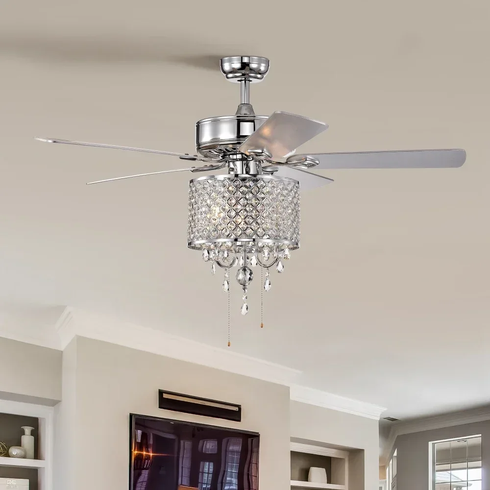 52''Classical Crystal Ceiling Fan Lamp 3 Speed Hand Pull Chain,5 Reversible Blades for Living Room,Dining Room,Bedroom