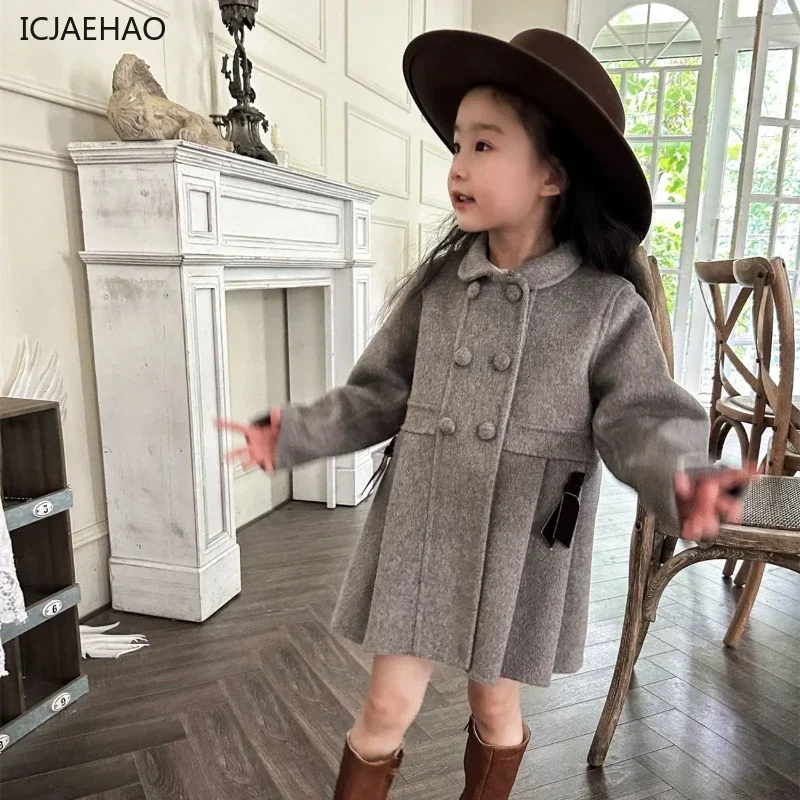 ICJAEHAO 2024Children\'s Outdoor Coat Vintage 100% Wool Winter Handmade Kids Girl\'s Double Cashmere Grey Brown Pleated Outerwear