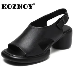 Koznoy 6cm Genuine Leather Buckle Peep Toe Platform Wedge Chunky Heels Comfy Summer Slippers Loafer Hollow Women Sandals Shoes