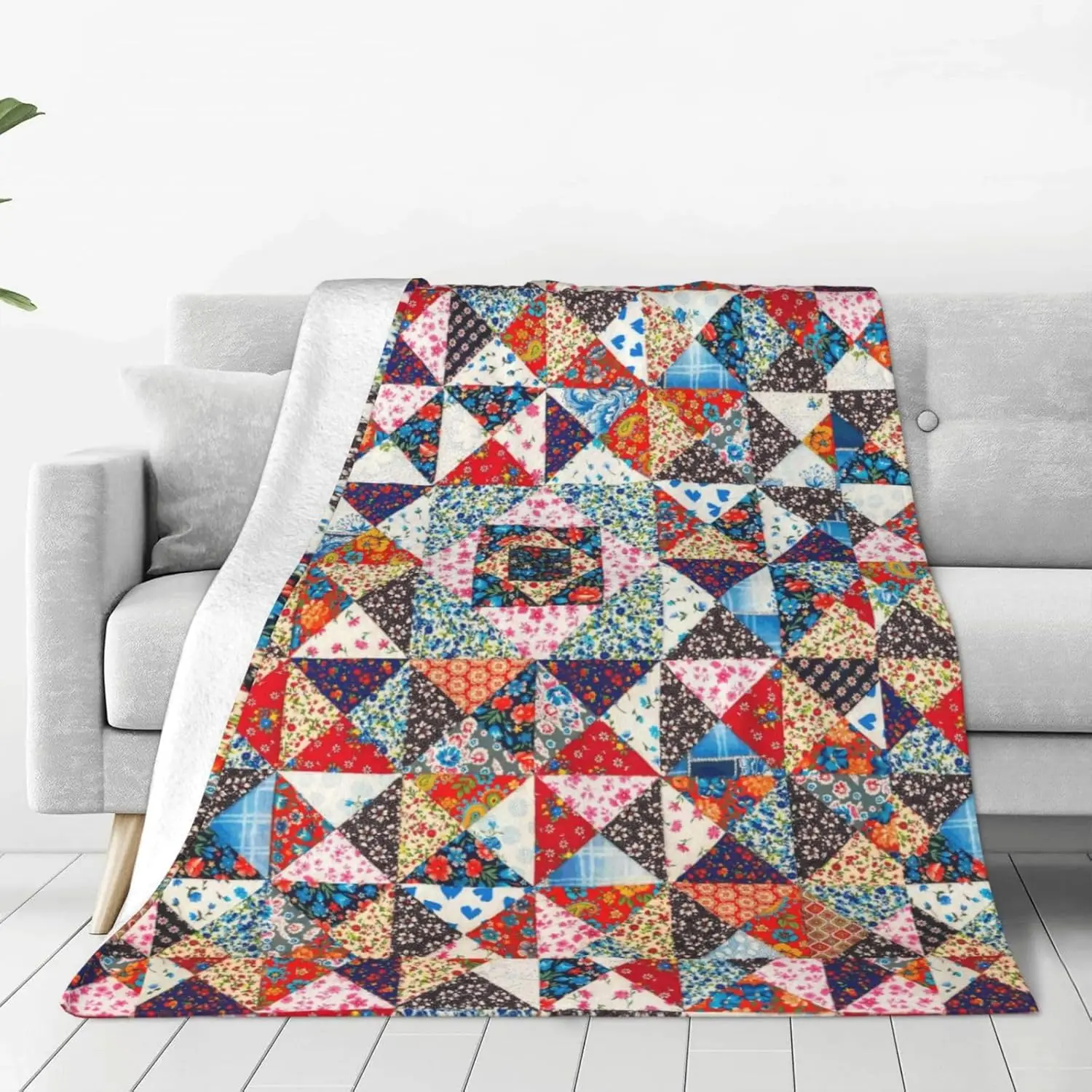 Printed Abstract Floral Boho Patchwork Throw Blanket Ultra Soft Cozy Flannel Fleece Blanket Fuzzy Warmth Lightweight Bedding for