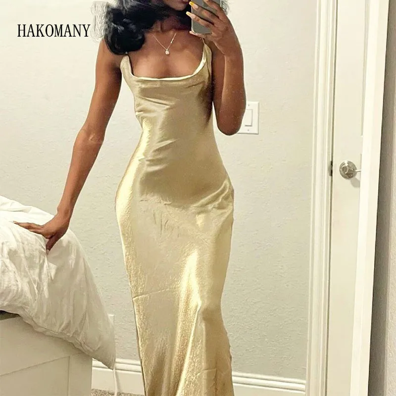 2023 Sexy Champagne Bodycon Club Wear Female Party Robe Summer Women Backless Satin Long Dress