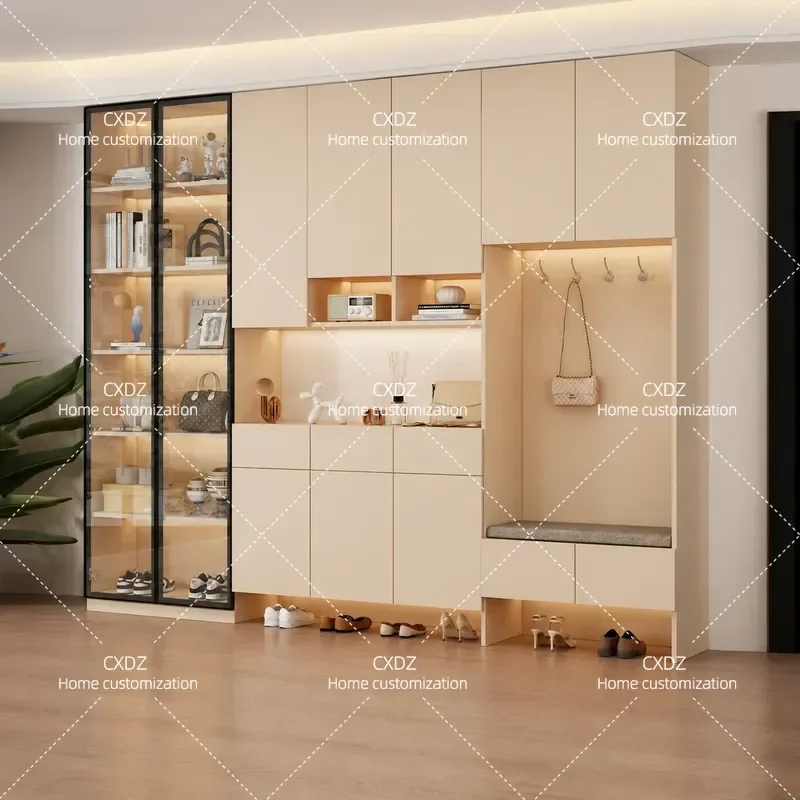 Cream Style Shoe Cabinet Entryway Storage Large Capacity Porch Cabinet for Clothes Hats Shoes with Integrated Stool Wall
