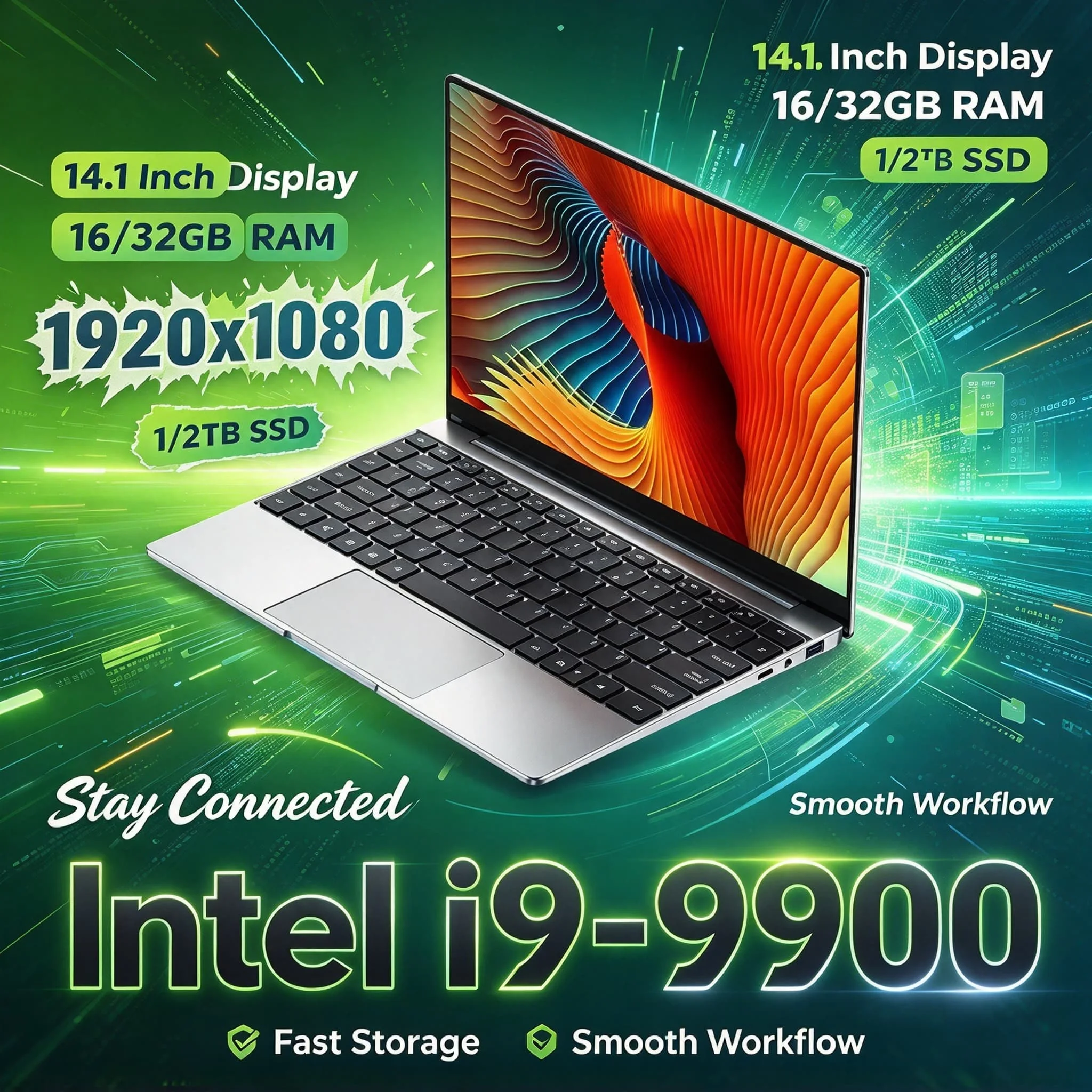 Intel i9 9900 14.1 Inch Ultra Slim Laptop 32GB RAM 2TB NVMe SSD WiFi6 BT5.2 FHD Gaming Office Work Pro Max 2026