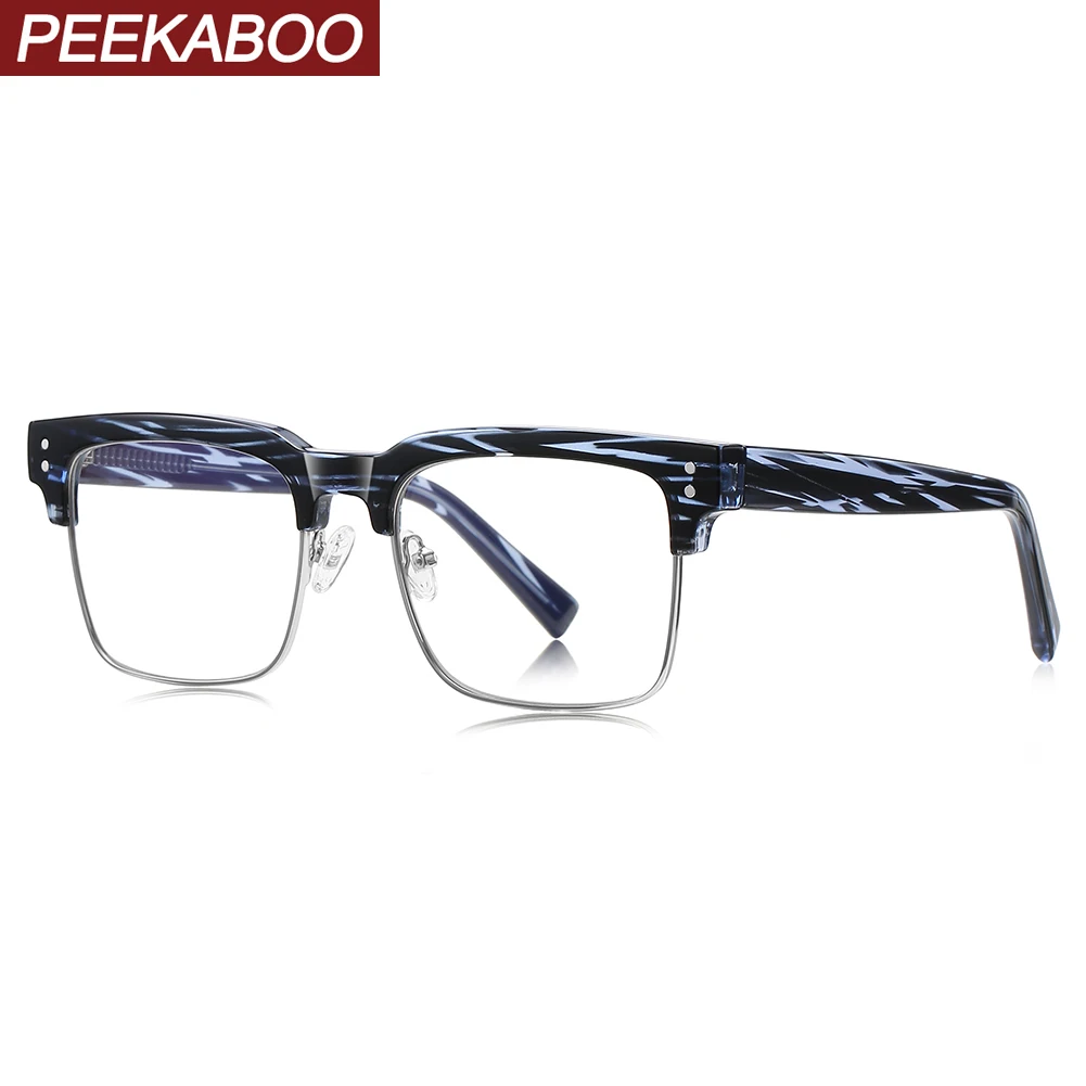 Peekaboo clear lens square glasses frame for men TR90 blue light filter glasses male CP acetate grey green rivets decoration