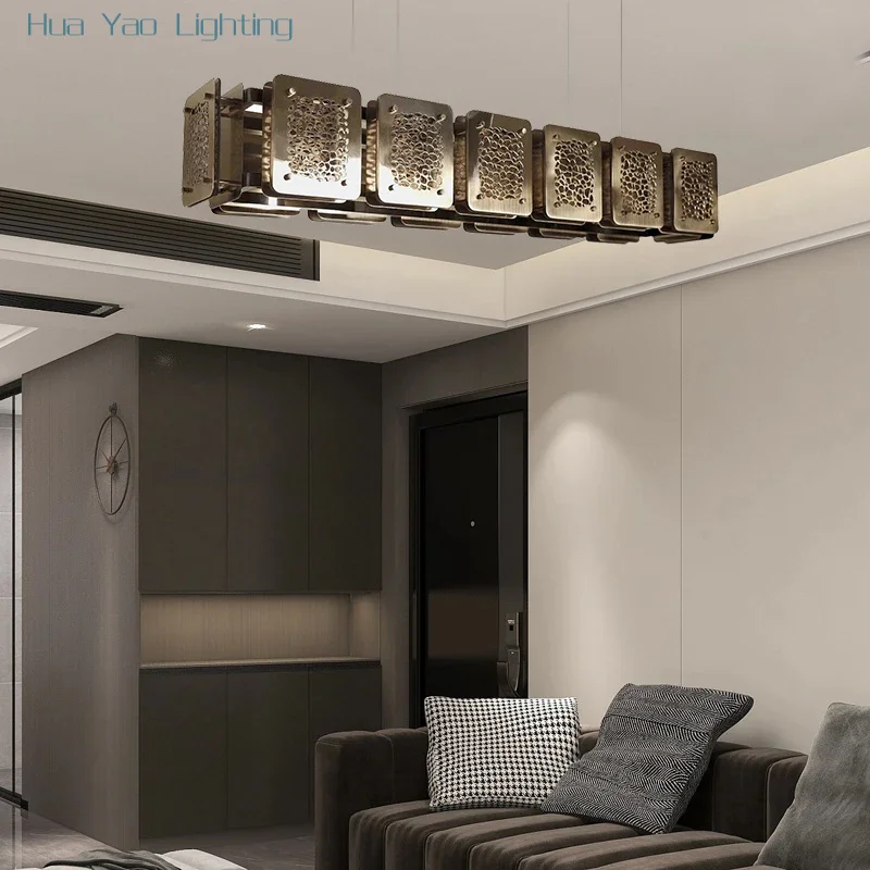 American Brass Led Chandelier For Kitchen Island Dining Room Bar Restaurant Vintage Rectangular Copper Led Pendant Lamp Lights