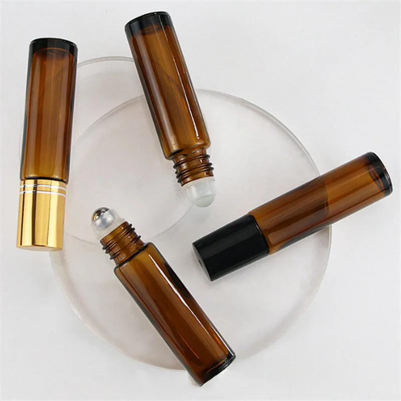 5PCS 10/15ml Amber Glass Empty Roll on Bottles Essential Oil Vials with Roller Ball Liquid Container Perfume Bottles Refillable