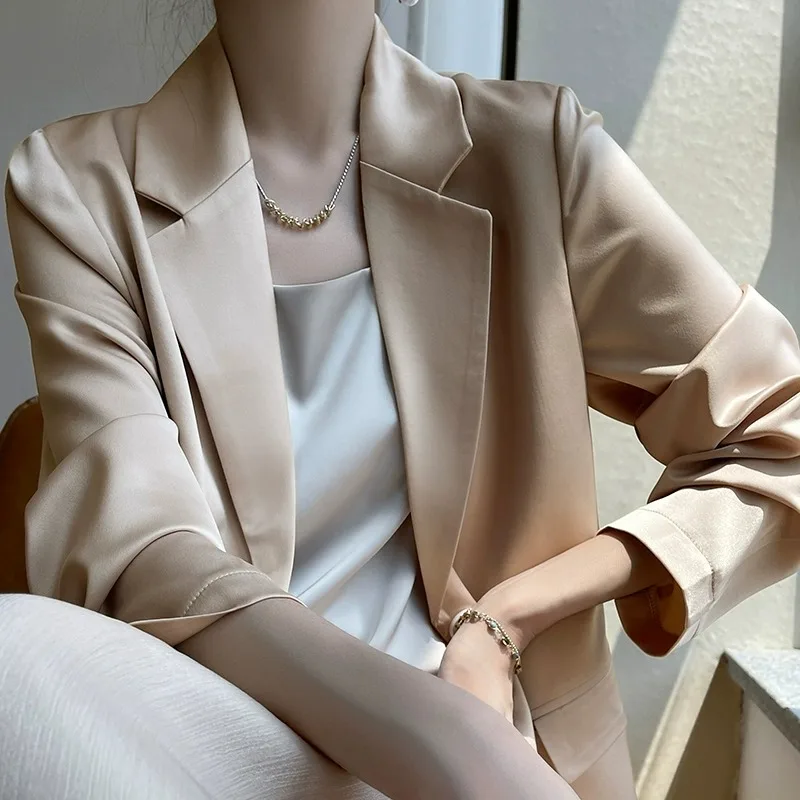 

Ele атласная женская куртка V-Ne Slim Fit, универсальная весна-лето, новая модная офисная одежда, чистый цвет