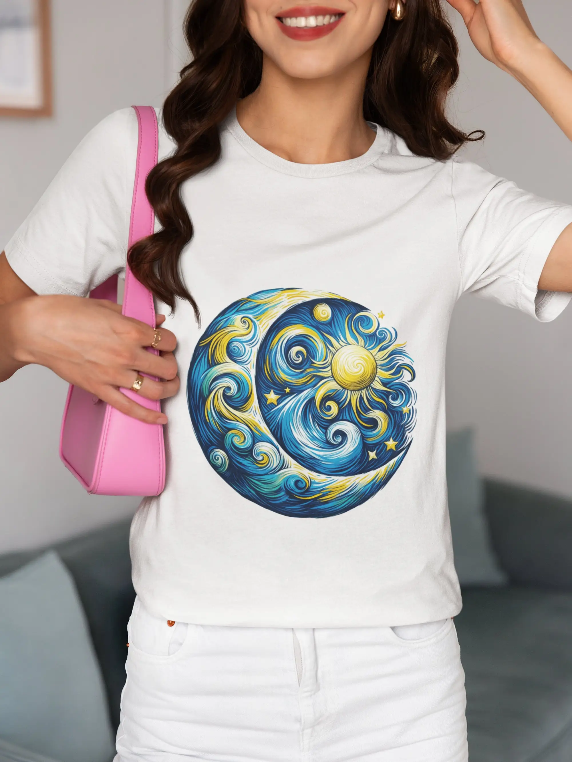 Starry Night Sun Artistic T Shirt Celestial Print Van Gogh Inspired Sky Stars Art Lover Idea Soft Cotton Top for All