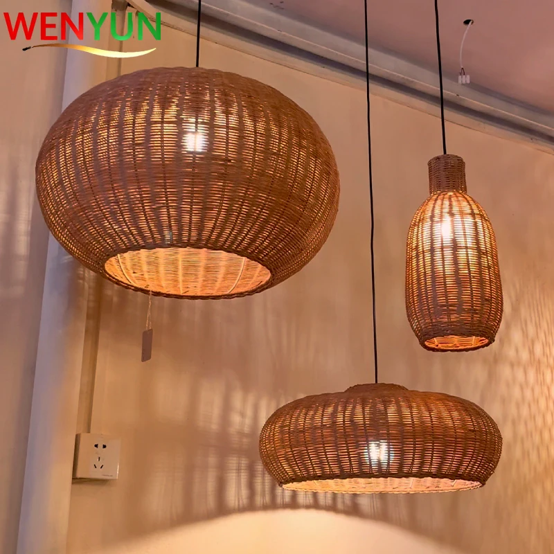 WENYUN Handmade Rattan Pendant Light Wabi Sabi Bamboo Basket Weave Hanging Lamp for Dining Table Villa Garden Home Decor