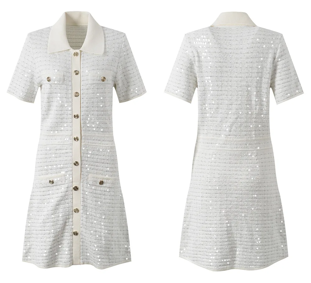 

Off-white Short-sleeved Dress Plaid Sequin Lapel Single-breasted Sequin Temperament Fashionable and Elegant Y2k Clothes