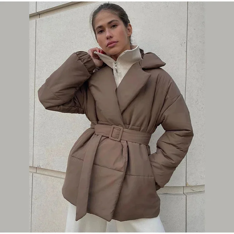 Vintage Cotton Woman Jacket With Belt Pocket Loose Winter Solid Lapel Parkas Coat Bread Jacket Office Lady Warm Quilted Outwear