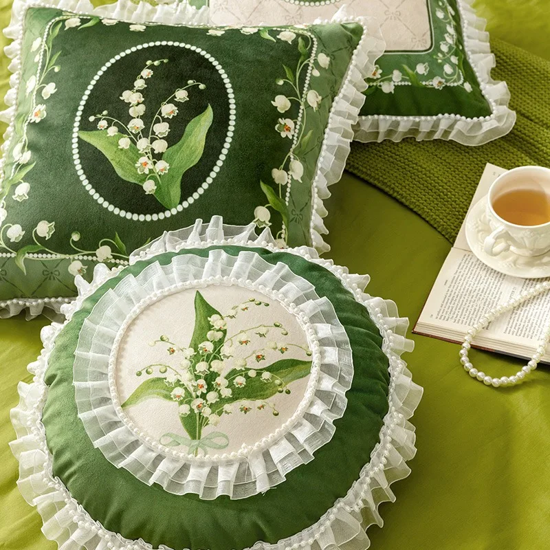 Square Floral Velvet Cushion Cover,Lily of The Valley,Pearl Lace,Decorated,Home,Office,Sofa Pillowcase,French Shell,45cm Green