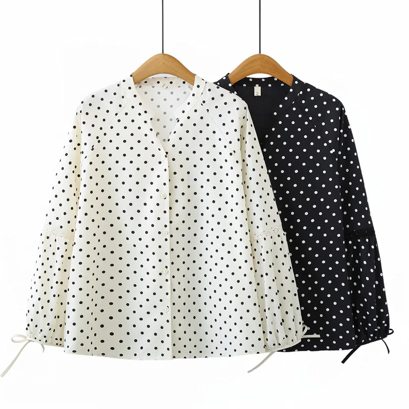 Women Plus Size Polka Dot Long Sleeve Shirt 2026 Spring V-Neck Lace Up Elegant Blouse Curvy Ladies Casual Top 780 view 5