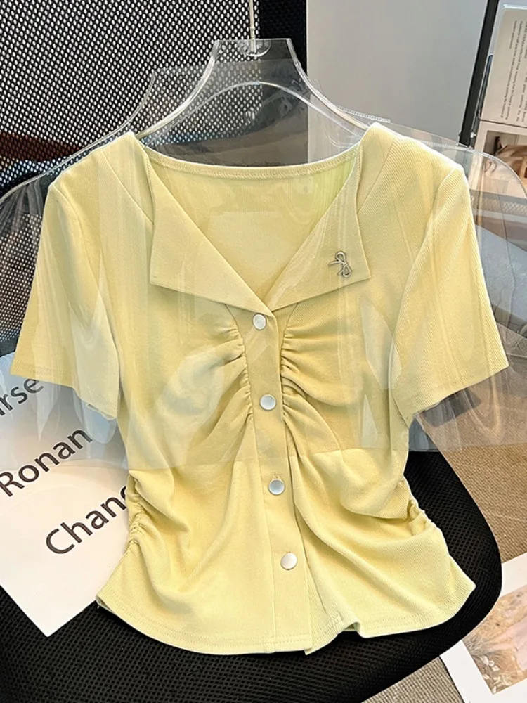 Camiseta blanca de algodón puro v-ne ort Sve para mujer, novedad de verano, cintura doblada, ort, camiseta pequeña única y bonita a la moda