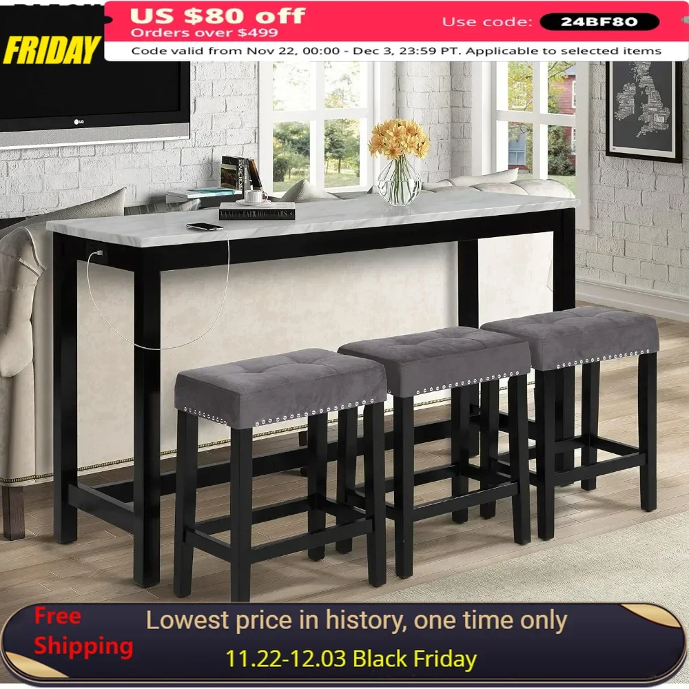 

Bar Tables,Faux Marble Table And 3 Bar Stools Set, Gray Velvet With Black Base,home Bar Furniture