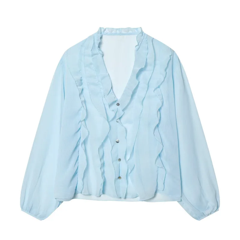 

French Style Polka Dot Ruffles Casual Shirt Women Retro Temperament V-Neck Long Sleeve Tops Fashion Loose Versatile Blouses