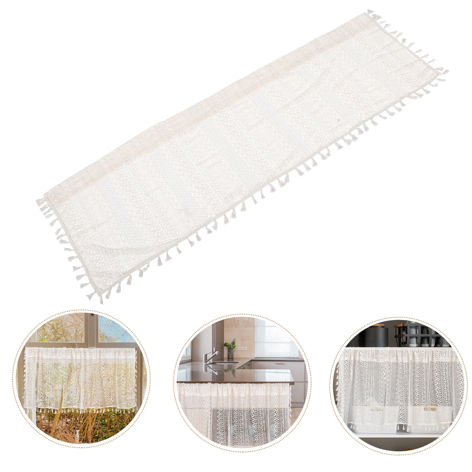 

Lace Crochet Valance Curtain for Kitchen Bathroom Small Window Sheer Short Farmhouse Style Tassel Decor Macrame Window Cover