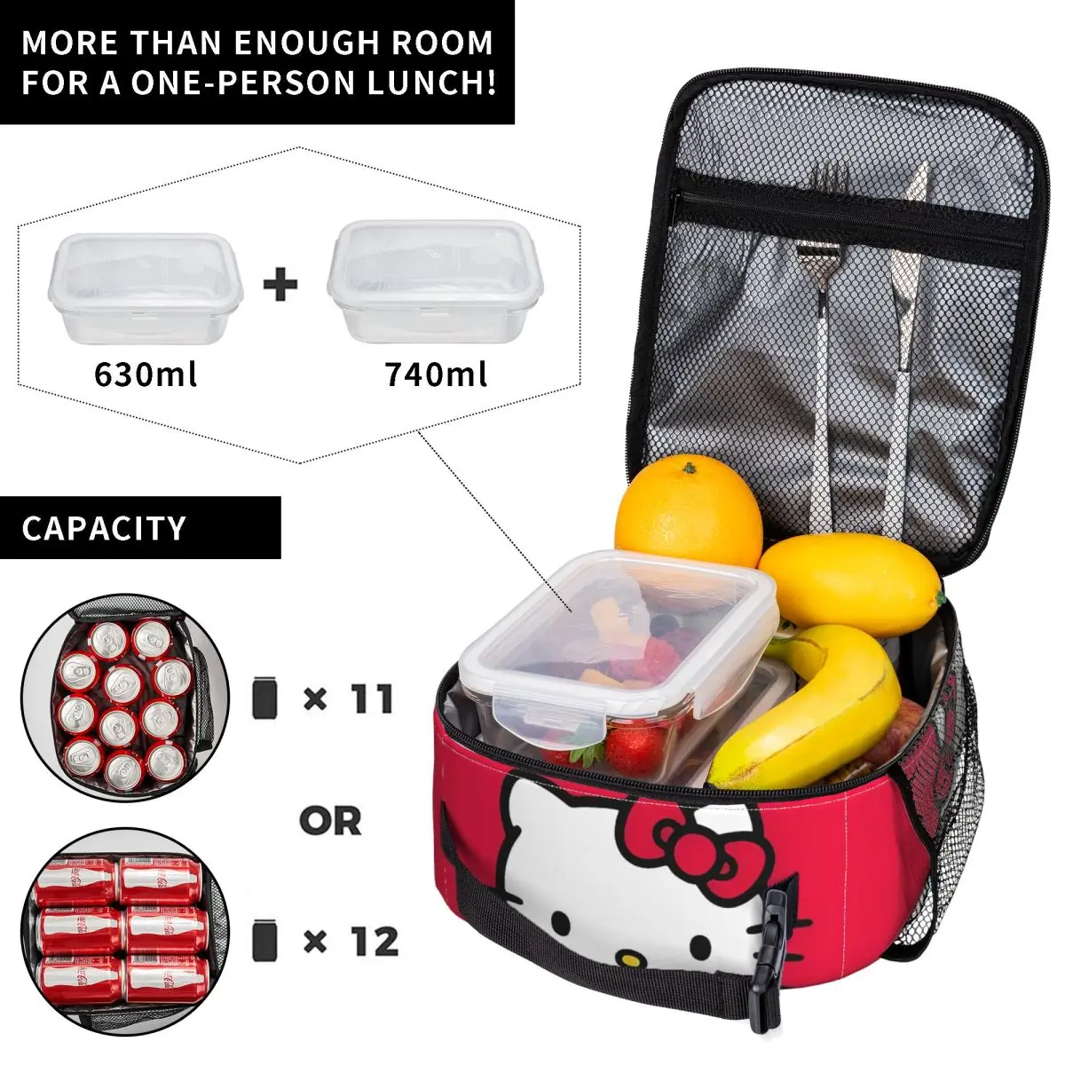 Hello Kitty Face Leuke geïsoleerde lunchtassen Hoge capaciteit Maaltijdcontainer Thermische tas Lunchbox Tote Kantoor Reizen Heren Dames