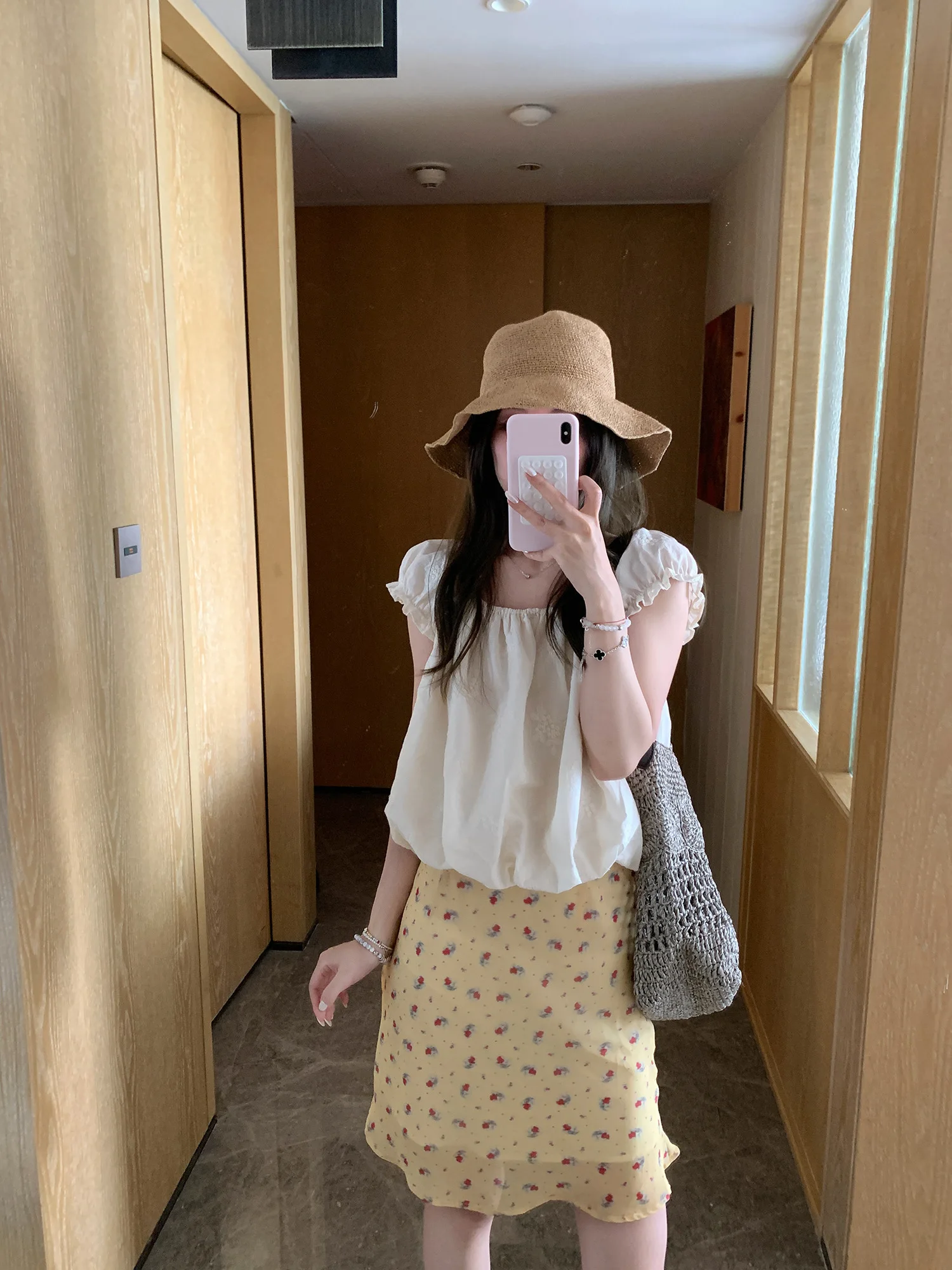 

Yellow Floral Print Short Skirt Semi-Body A-Line Gauze Spring Summer Vacation Style Korean Versatile Low Waist Polyester Fiber