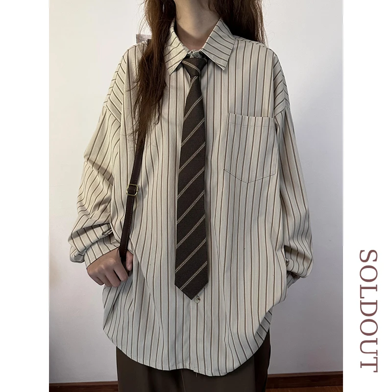 

Original American Retro Striped Long Sve irt Women's Spring Autumn Loose Trendy Brand Street Sle Casual Faion
