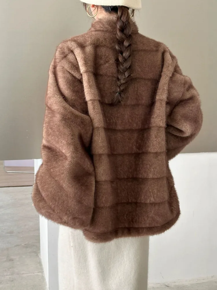 ONEXWEN Women's Loose Mid-Length Coat Open Front V Collar Striped Fluffy Jacket Winter Warm Oversized Outerwear RU26