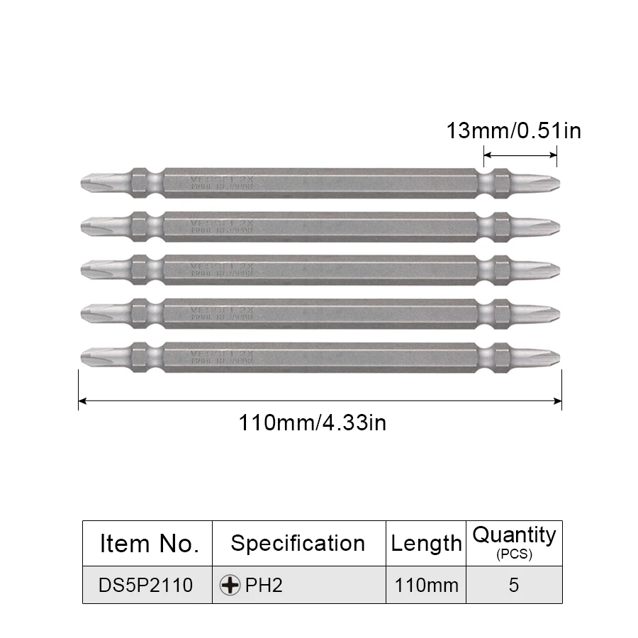 

VESSEL 5PCS 110mm PH2 Double-Head Screwdriver Bit Set Phillips Screws Drill Bit Hand Tools Accessories NO.DS5P2110