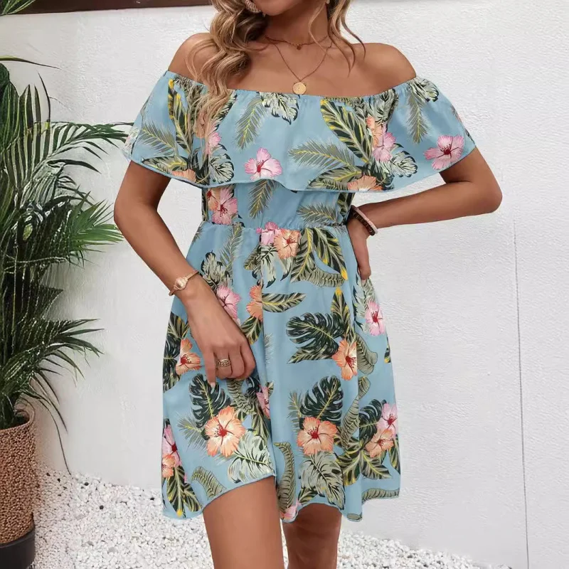 

2025Summer Elegant Women's Printed Off-Shoulder One-Piece Ruffle DressALine skirt