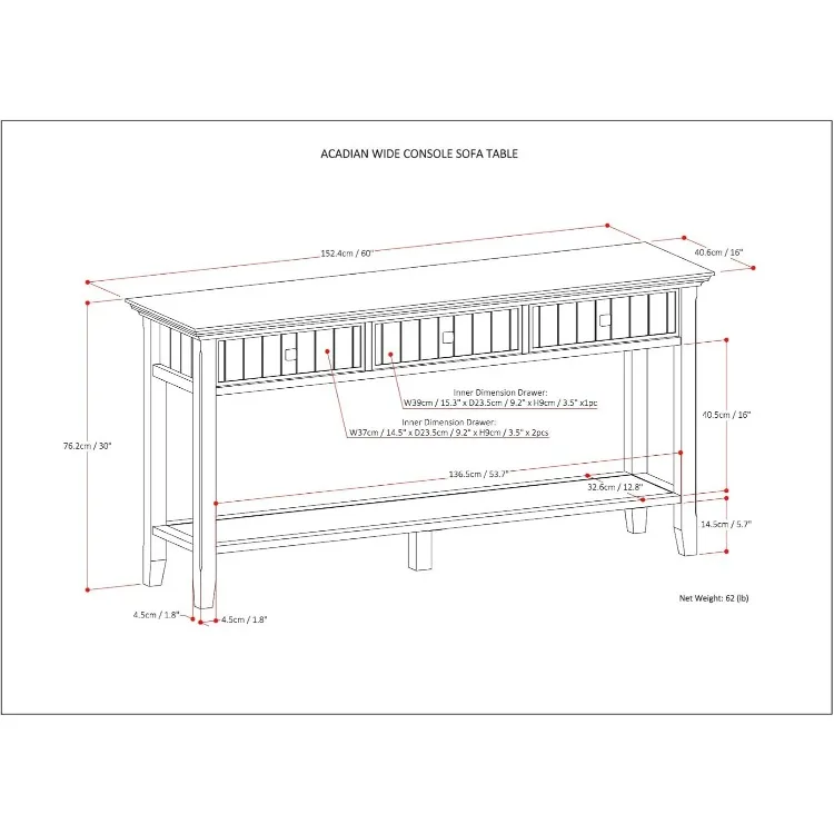 Acadian SOLID WOOD 60 inch Wide Transitional Modern Wide Console Sofa Entryway Table in Brunette Brown with Storage