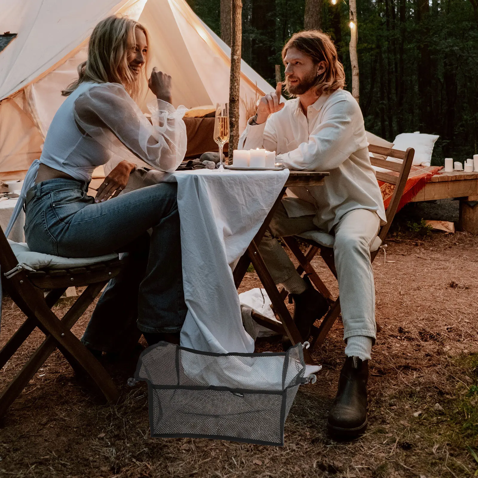 

Portable Camping Folding Table with Underneath Mesh Storage Pouch for Utensils Keys Phone Outdoor Dining Stability Strong Frame