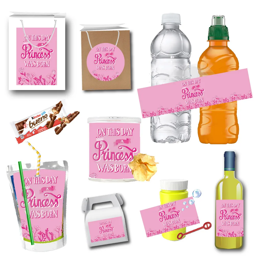 Etiquetas de botella de agua y vino de princesa en este día, pegatinas de bolsa de jugo, envoltura de Bar de dulces, decoración de cumpleaños