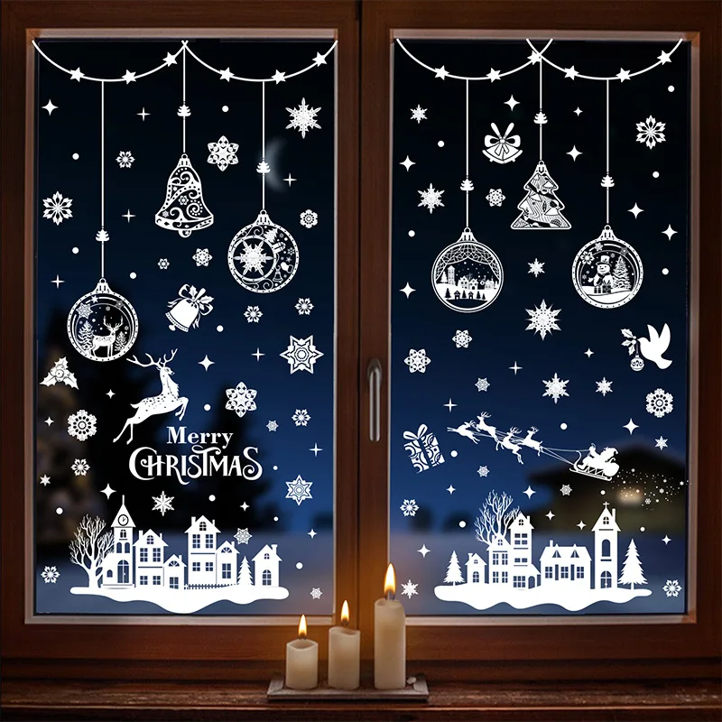 9pcs Snowflake Christmas Window Stickers Reindeer New Year Decal Wall Sticker White Christmas Electrostatic Stickers Decorations