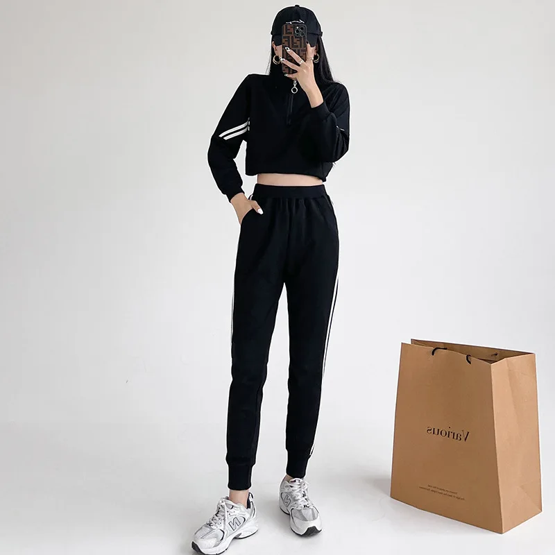 Spring Autumn Women Tracksuit Sportswear Cotton Korean Style Stripe Sweatshirt+pant Running Jogger Fitness Workout Casual Set