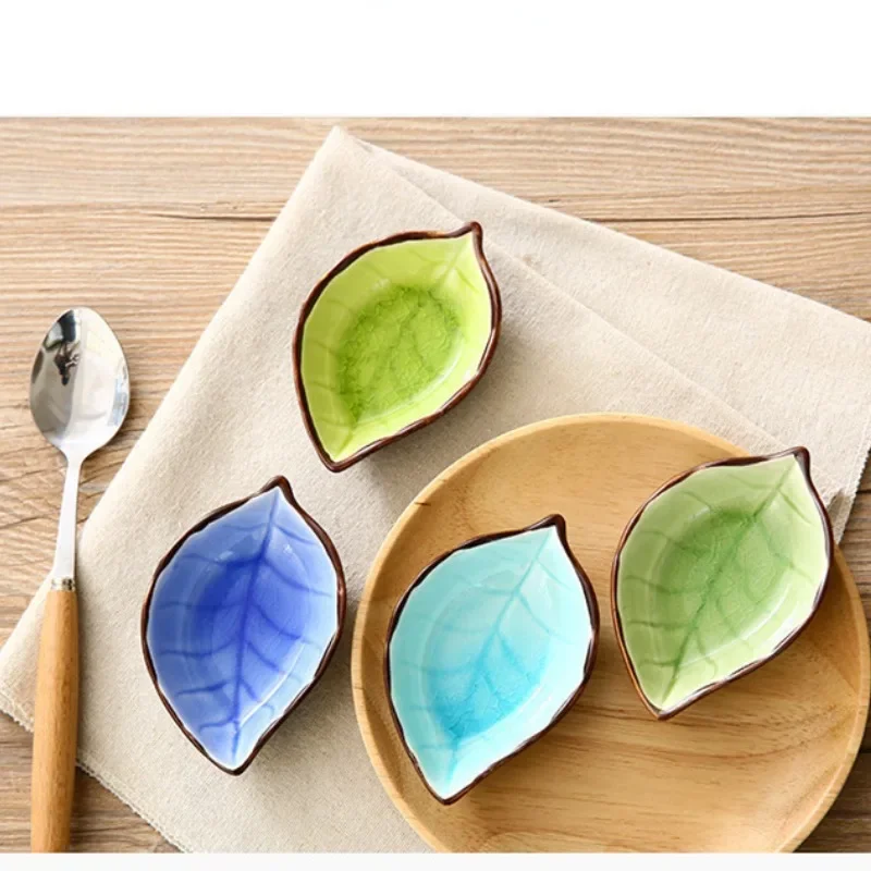 1/4pcs Ice Crack Glaze Leaf Ceramic Plates Seasoning Soy Kitchen Bowl Kitchen Tool Dish Creative Sauce Vinegar Small Plates