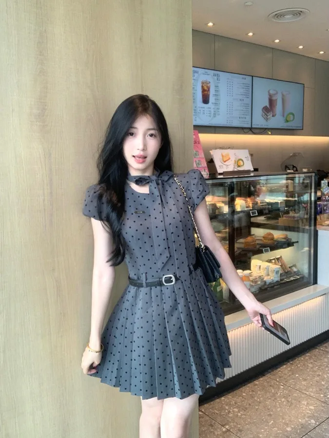

plus Size Grey Polka Dot Bubble Sleeve Dress Slimming Design Summer New High Waist A-Line Short Skirt Korean Style Commute Wind