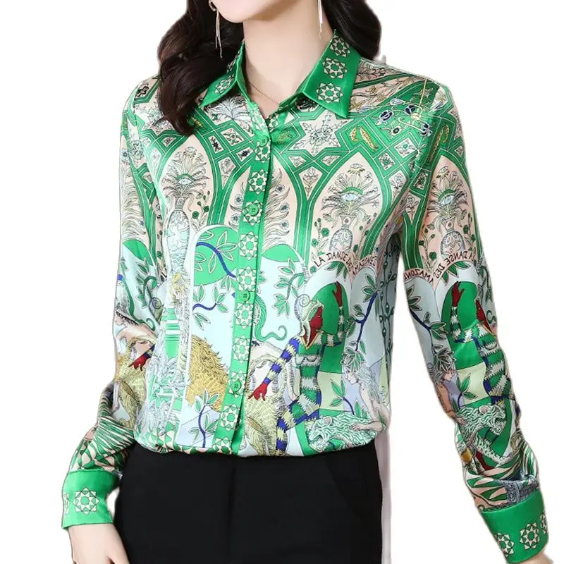 FANIECES Green Women\'s Shirt Silk Blouse Cardigan Top Spring Autumn Long Sleeve 3XL Plus Size Vintage Shirt chemises et blouses