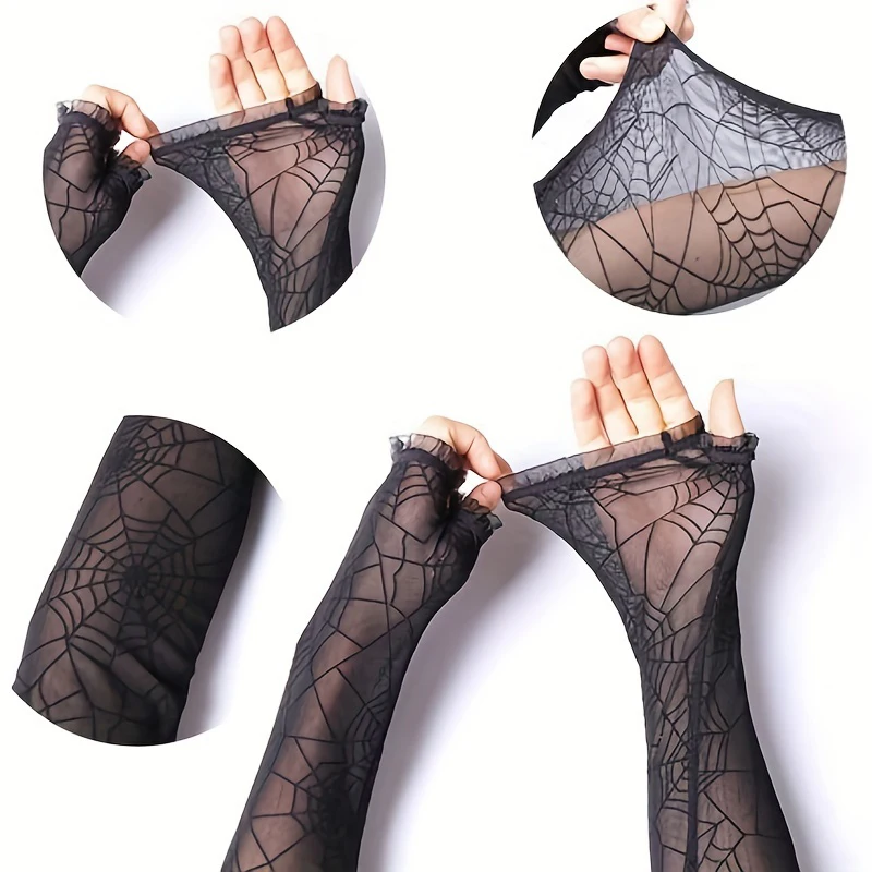 1Pair Black Halloween Gloves Gothic Long Spider Web Hollow Out Gloves Arm Sleeves Party Women Sexy Half Finger Lace Mesh Mittens